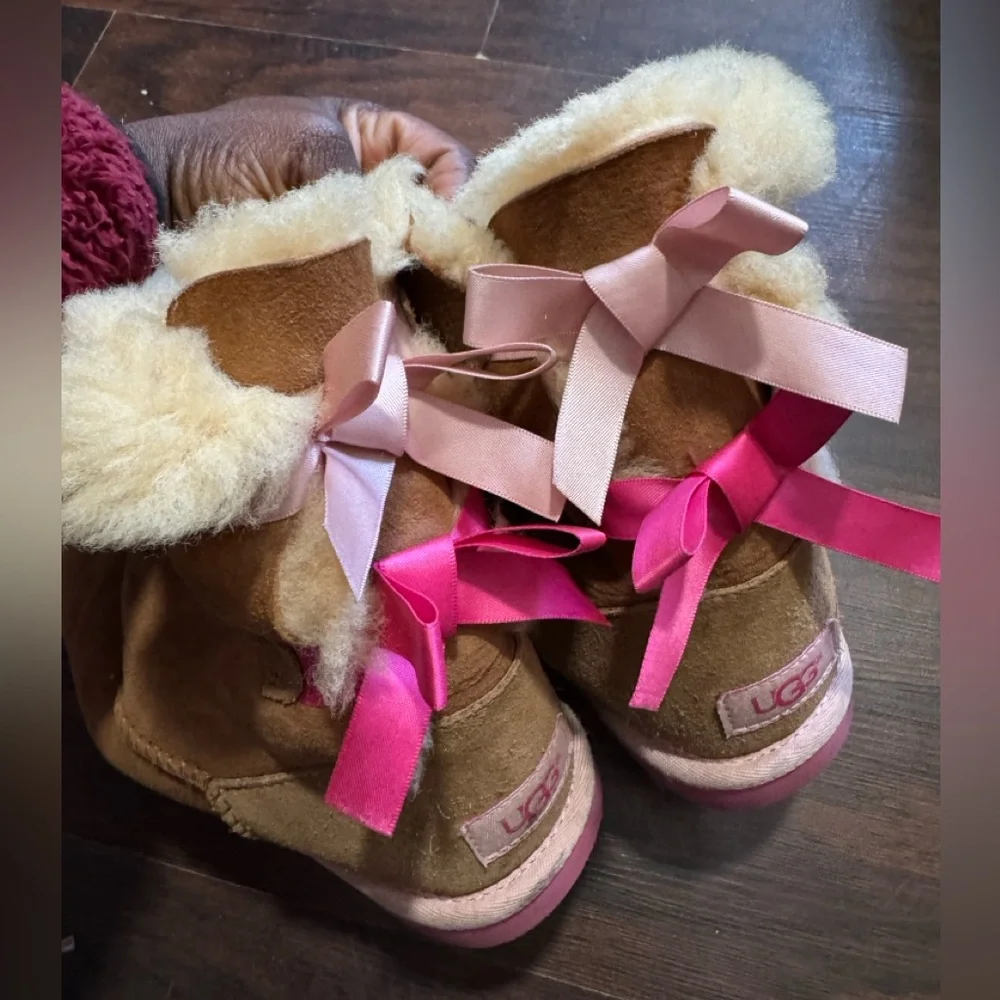 UGG Kids Tan and Pink Bailey Bow Boots